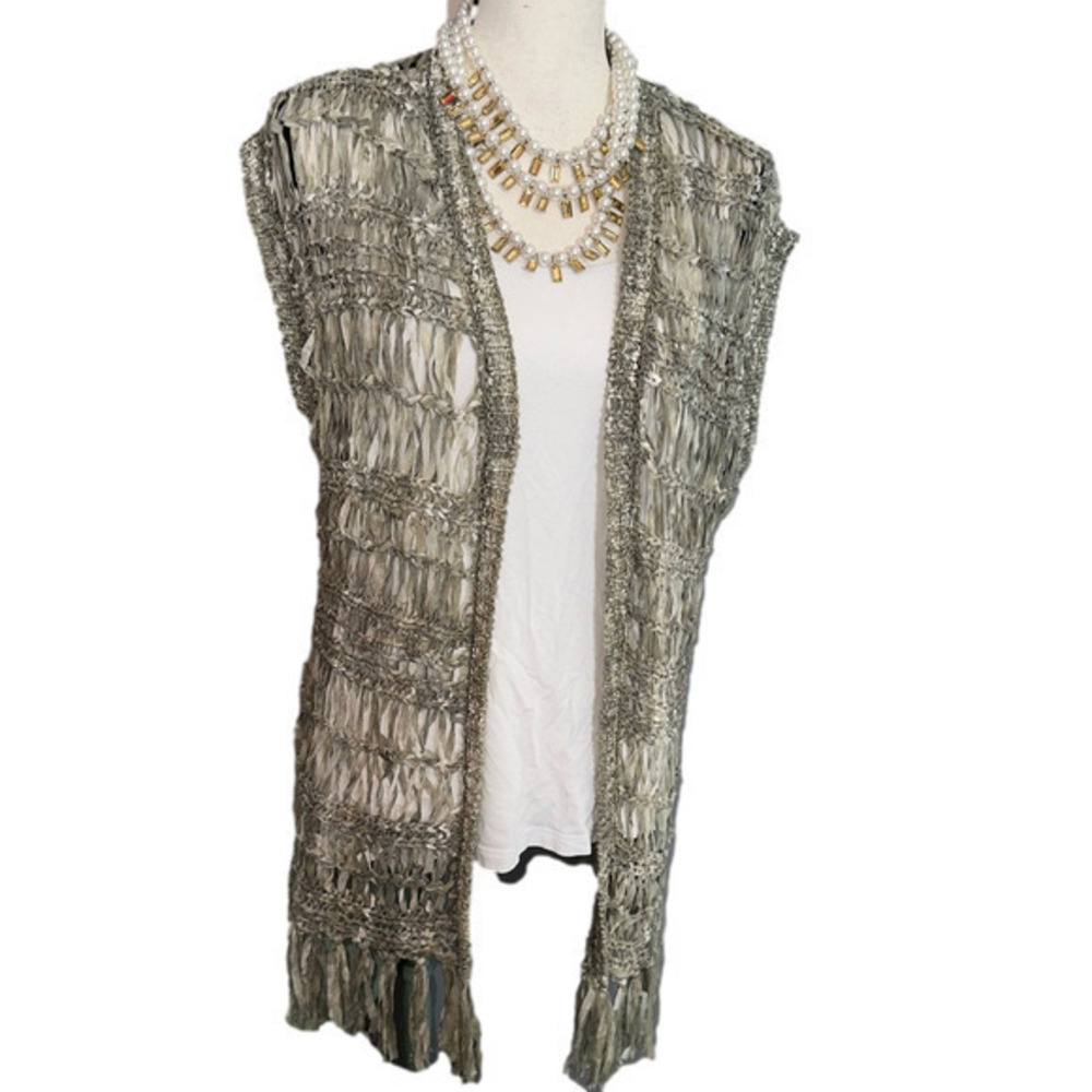 Chico’s Knit Green Vest GUC Fringe Size 1 Medium Cover Up Shrug Boho Western